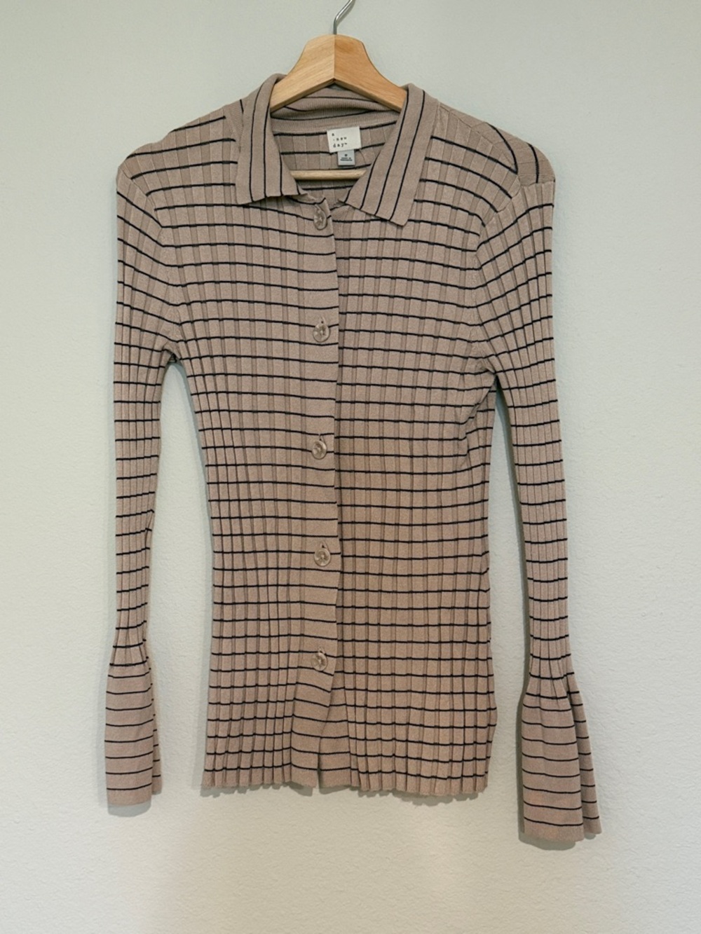 a new day Taupe Ribbed Button-Down Top with Black Stripes